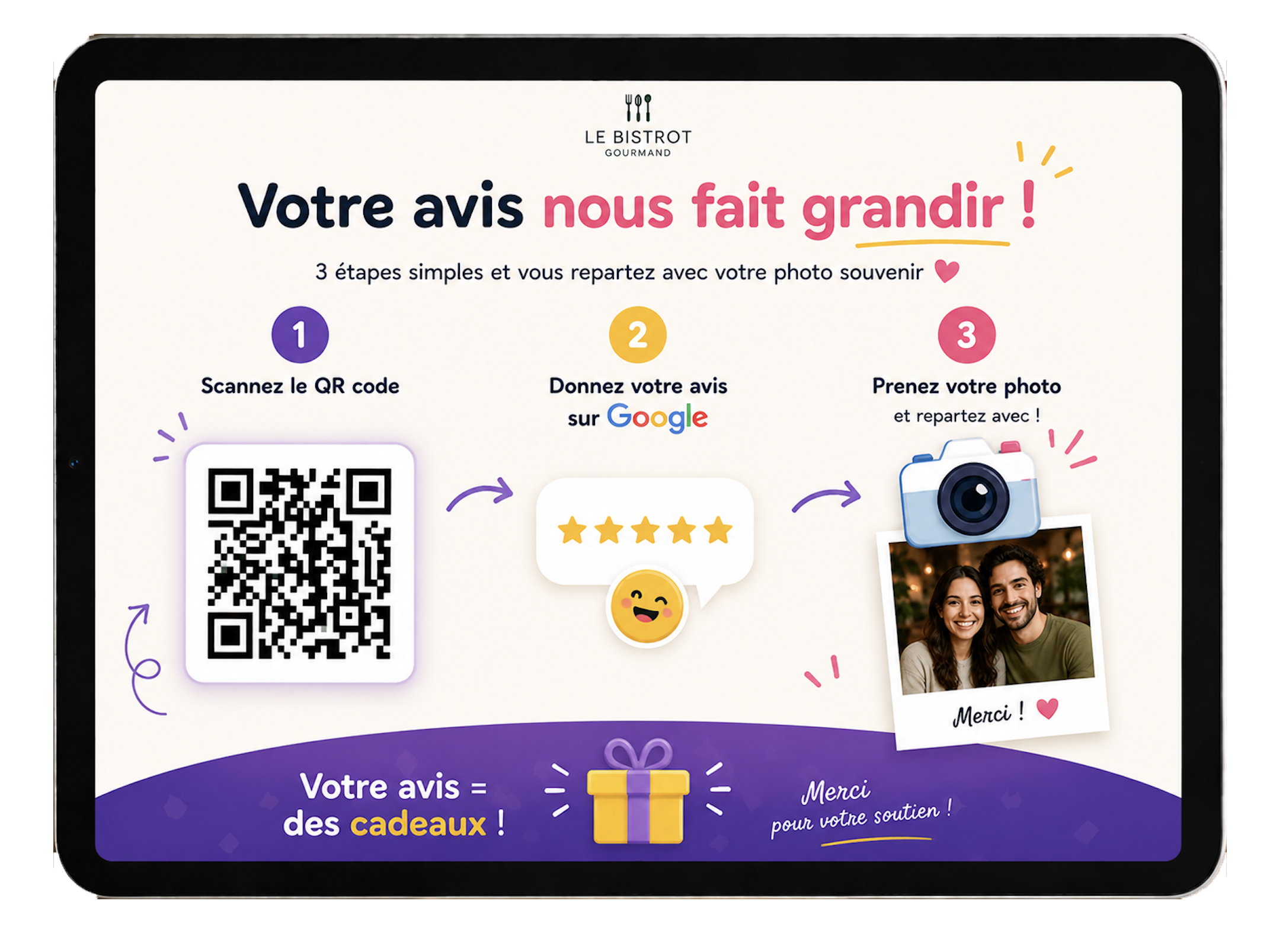 Tablette BEFid avec QR avis Google et photo souvenir